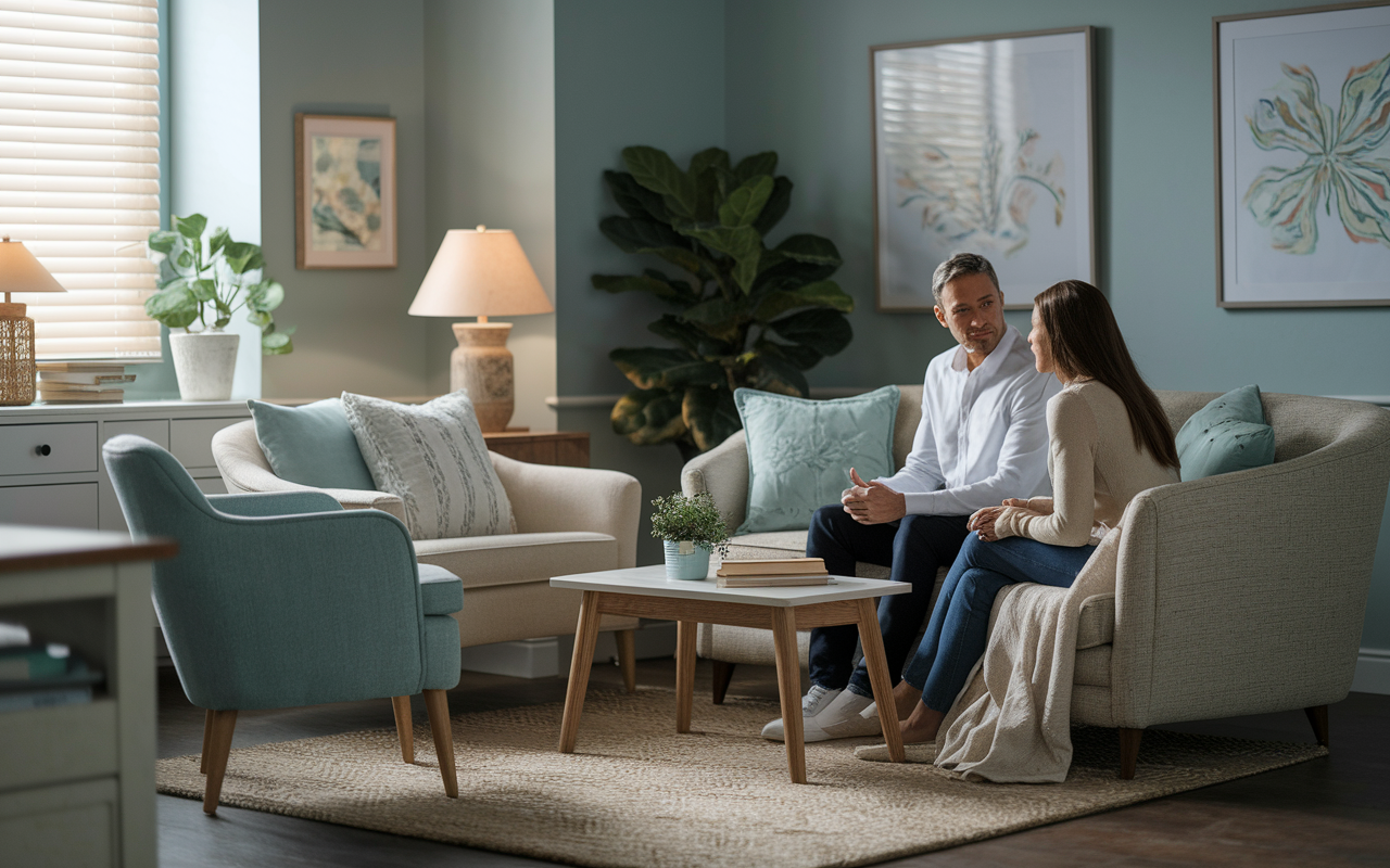 A serene psychiatry office scene featuring a psychiatrist engaging in a therapeutic conversation with a patient in a cozy setting. The room is softly lit with comfortable seating, soothing decor, and calming art. The psychiatrist displays attentiveness and compassion, creating an environment conducive to healing and dialogue.