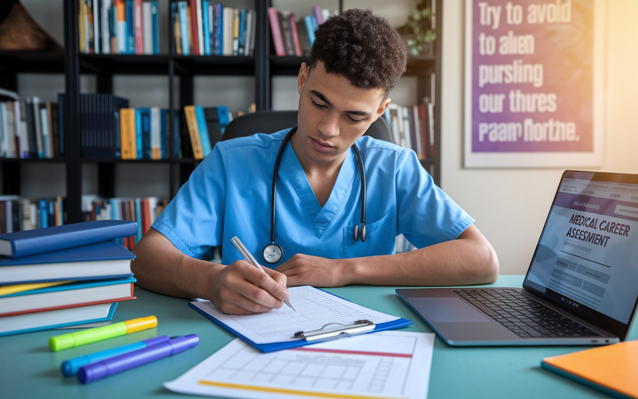 An engaging scene of a young medical student meticulously filling out a skills assessment form with a thoughtful expression. The student is seated at a desk cluttered with anatomy textbooks, highlighters, and a laptop open to a medical career assessment website. The background features a bookshelf filled with various medical texts and a motivational poster about pursuing one's passion. The lighting is warm and inviting, creating a studious yet relaxed atmosphere.