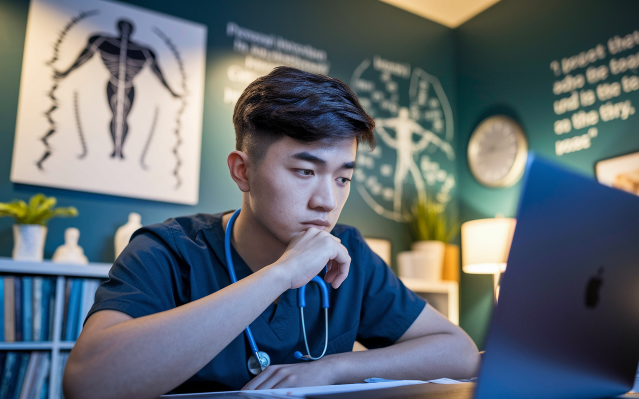 A close-up of a young medical student thoughtfully taking a personality assessment on a laptop in a cozy study room. The room is tastefully decorated with medical diagrams and inspirational quotes on the walls. The student has a pensive expression, highlighting the personal introspection involved in the assessment process. Soft, warm lighting enhances the sense of comfort and focus in this reflective moment.