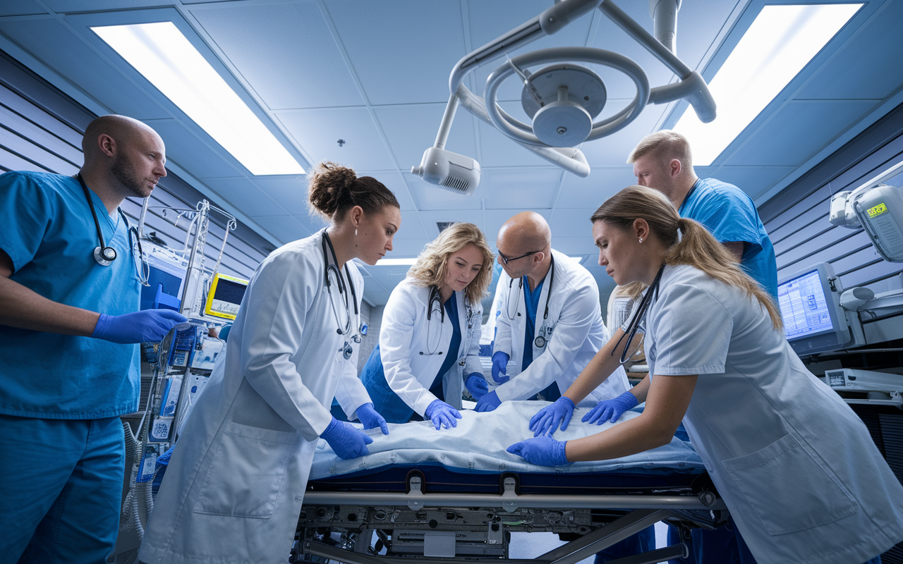 A dynamic scene of an emergency medicine team in a bustling ER. Doctors and nurses are engaged in a high-energy situation, tending to a patient on a stretcher while medical equipment surrounds them. Bright overhead lights illuminate the chaotic yet organized atmosphere, highlighting the intense focus and teamwork of the healthcare professionals. The image captures a moment of urgency, skill, and compassion in patient care.