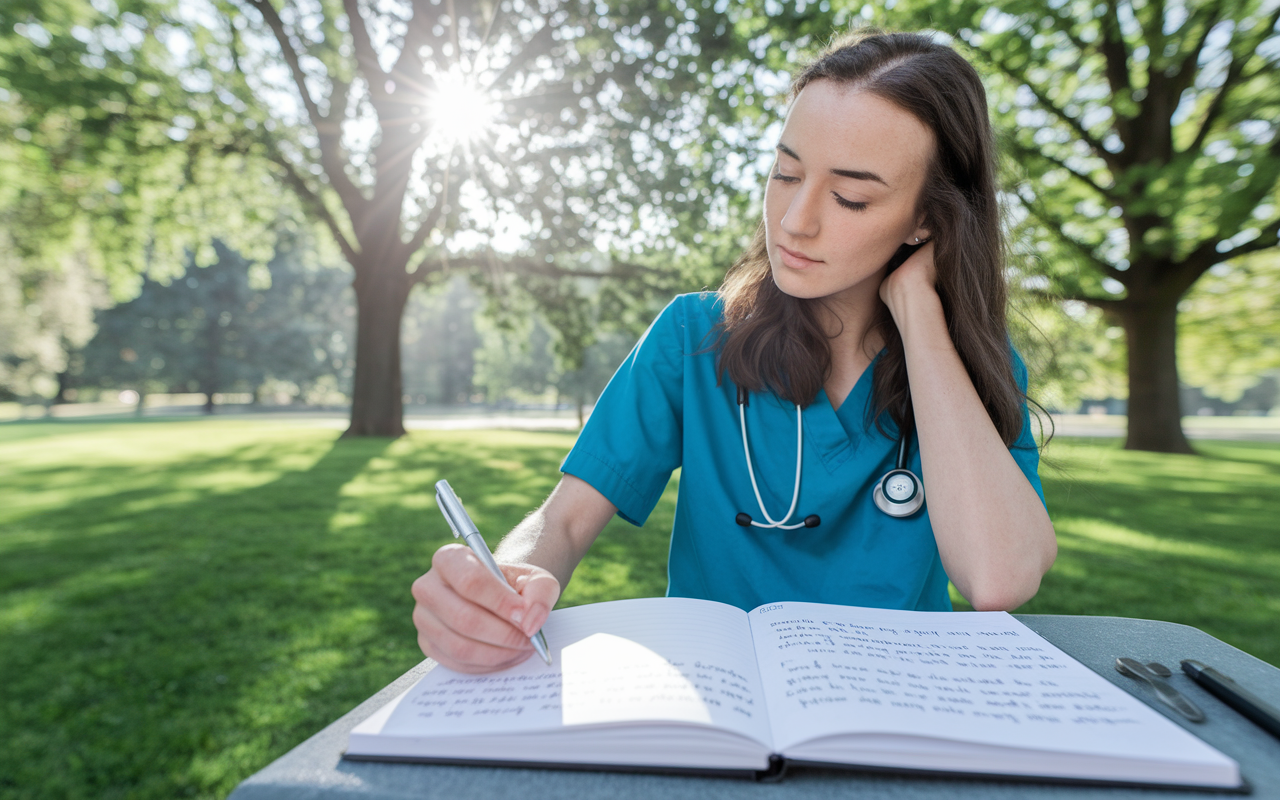 A reflective moment of a medical student named Jane, seated in a serene park, journaling about her experiences in medical rotations. She is surrounded by green trees and a sense of tranquility, holding her pen thoughtfully above the open journal filled with notes about her interest in pediatrics. The sunlight filters through the leaves, creating a warm and inviting atmosphere that symbolizes clarity and self-discovery.