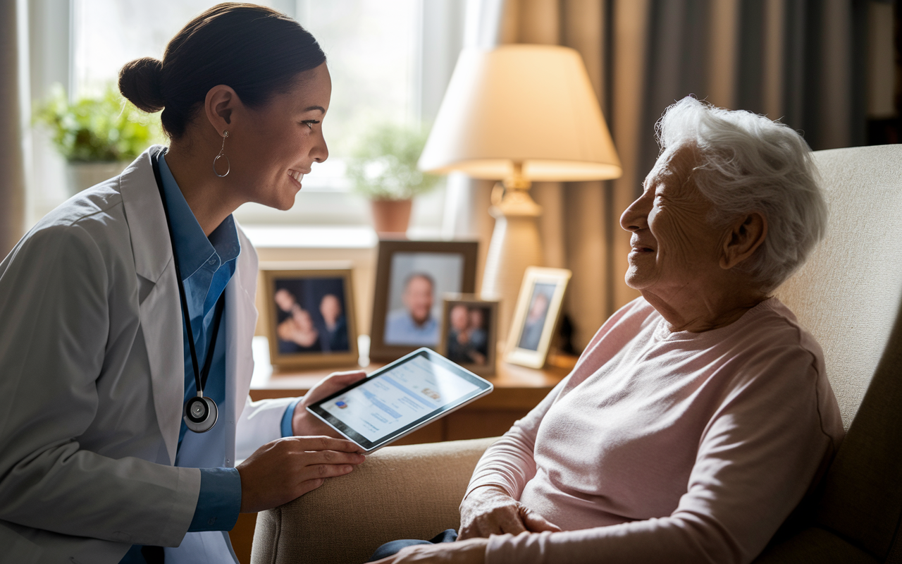 A compassionate geriatrician in a warmly lit room, talking to an elderly patient. The doctor has a gentle smile and is holding a tablet displaying health information. The elderly patient, looking attentive and grateful, is seated comfortably in an armchair surrounded by family photos. The setting conveys warmth and intimacy, with soft natural light filtering through a window, symbolizing the deep connection and trust between doctor and patient.