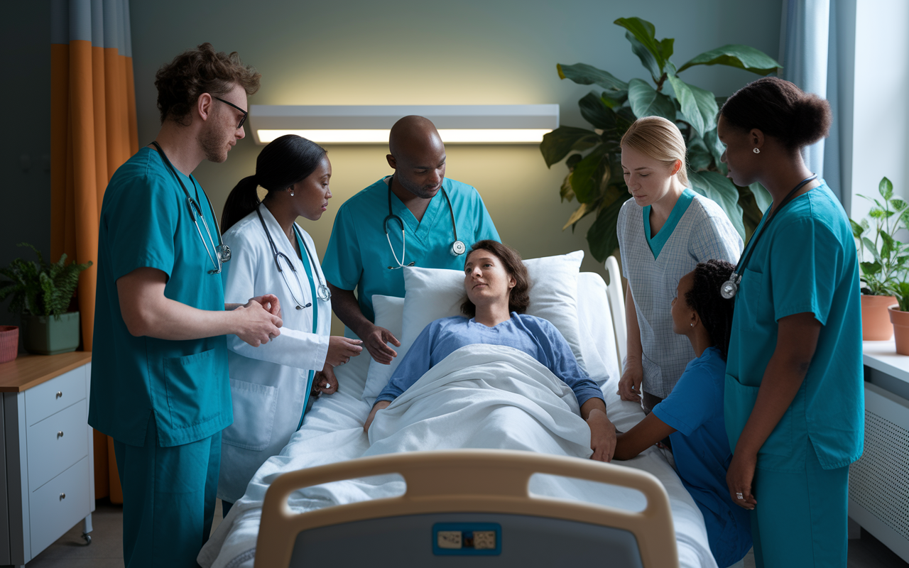 A palliative care team in action, consisting of diverse healthcare professionals gathered around a hospital bed where a patient rests comfortably. The atmosphere is calm and supportive, with one doctor discussing treatment options with an attentive family member. The room is softly lit, filled with plants and calming colors, embodying a sense of compassion and understanding.