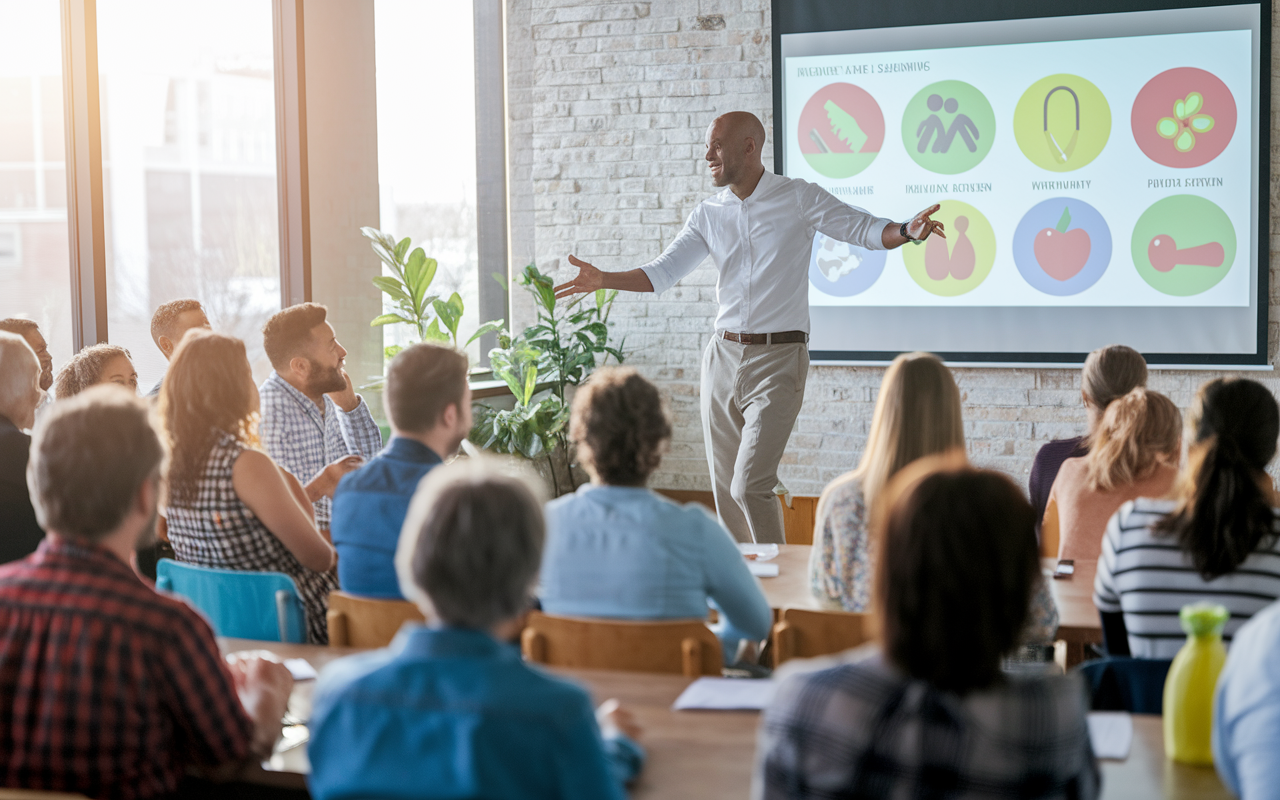 A preventive medicine specialist engaging in a health awareness seminar at a community center. The room is bustling with diverse people learning about healthy living. The specialist is enthusiastically presenting on a projection screen, displaying colorful graphics about nutrition and exercise. The atmosphere is positive and engaging, with natural light illuminating the space.