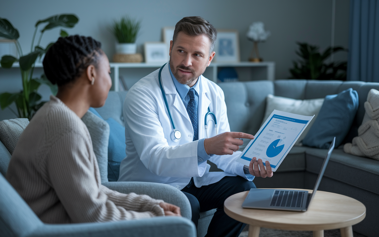 A sleep medicine doctor in a cozy, softly lit consultation room discussing a sleep study report with a patient. The doctor points to charts and graphs on a laptop, while the patient appears engaged and hopeful. The atmosphere is calm and reassuring, with comfortable seating and sleep-related decor in the background.