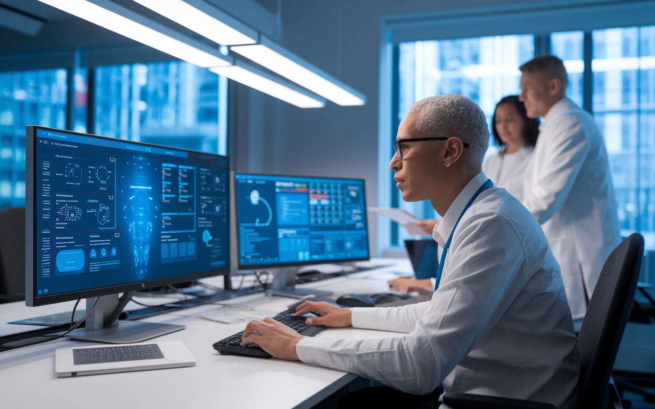 A health informatics professional working on a computer in a modern office. Multiple screens display health data analytics, EHR interfaces, and communication tools. The professional, a mid-aged person focused and engaged, is teaming up with colleagues discussing strategies around a conference table. Bright, modern lighting enhances a sense of innovation and progress in healthcare technology.