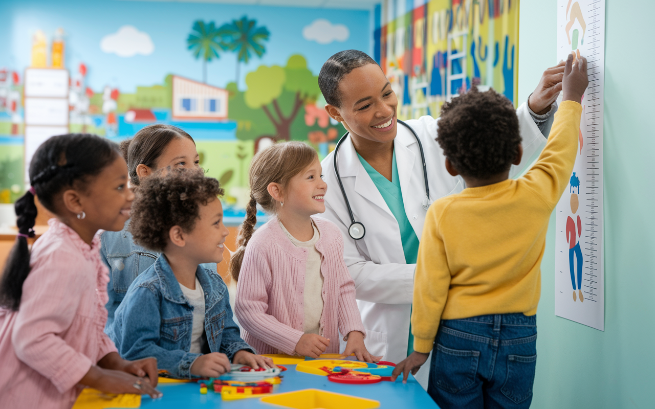 A diverse group of children in a bright, colorful pediatric clinic engaging with a friendly pediatrician. The scene includes children of various ethnicities playing with toys while the pediatrician, wearing a warm smile, checks a child's height on a wall chart. The clinic is vibrant with colorful wall murals, educational posters, and interactive health resources, creating an atmosphere of health and happiness.