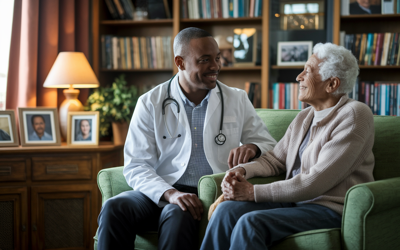 An empathetic geriatrician seated with an elderly patient in a comfortable home setting, surrounded by warm lighting and cozy decor. The elderly patient, looking relaxed, is sharing a story while the geriatrician listens attentively with a gentle expression. Books and family photos line the background, symbolizing the emotional connection and personal care intrinsic to geriatrics.