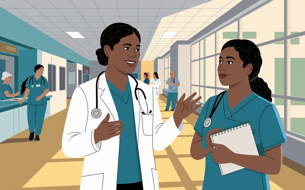 A physician in a white coat, animatedly explaining their daily routine to a medical student in a hospital hallway. The background features nurse stations, patient rooms, and other medical professionals, conveying the bustling environment of a hospital. The physician's expression is engaging and informative, while the student appears curious and engaged, notebook in hand, capturing insights. Soft natural light streams through large windows, enhancing the warm and informative atmosphere.