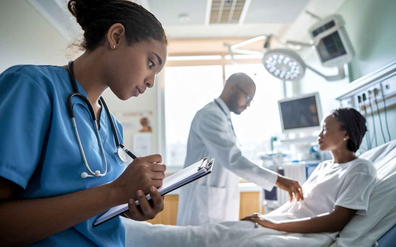 A medical student, focused and engaged, taking notes on a clipboard while observing a physician examining a patient in a hospital room. The physician is demonstrating a technique with medical instruments, while the student eagerly captures insights. The room is bright and equipped with various medical technologies, creating an atmosphere of learning and collaboration. Sunlight filters through the window, highlighting the student's dedication.