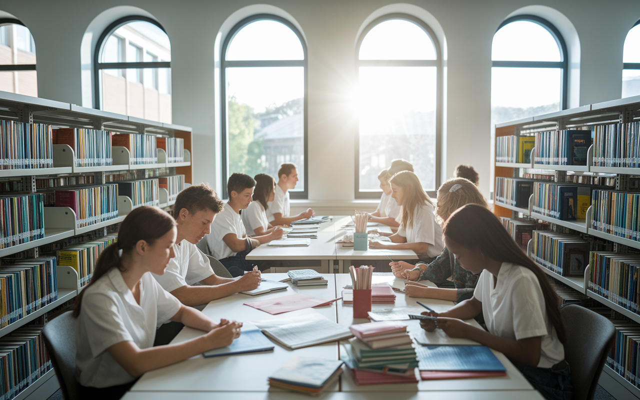 A serene library environment filled with pre-medical students engaged in study groups. Shelves laden with books on medical topics and colorful study materials scattered across tables. Bright, natural light shines through large windows, casting a hopeful ambiance. Students demonstrate a mix of focus and camaraderie as they discuss topics related to medical school preparation.