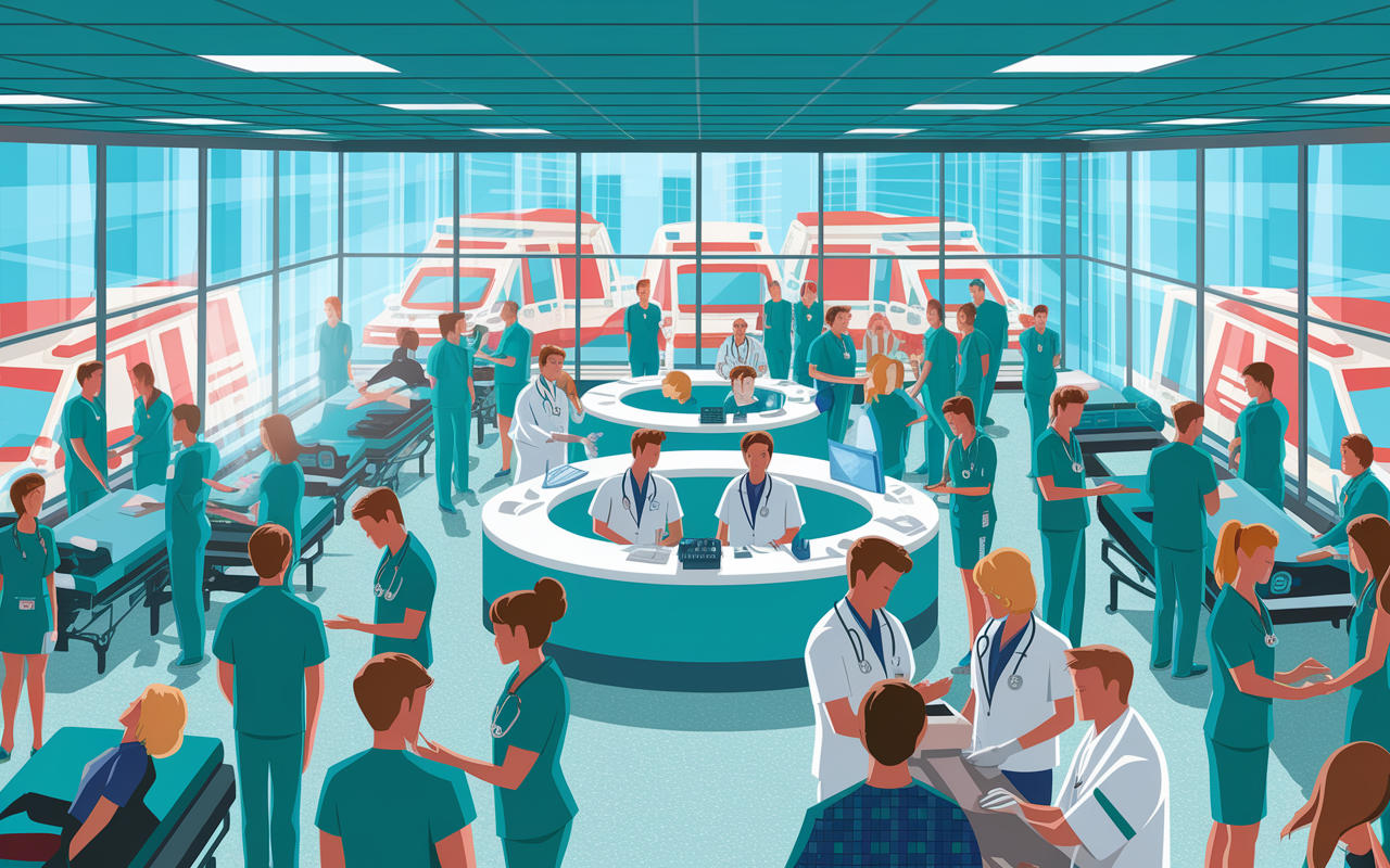 A bustling emergency room in a large urban hospital, filled with medical staff in scrubs attending to patients. Bright lights illuminate the high-energy environment, with nurses discussing next steps and doctors consulting at a central nursing station. In the background, ambulances are visible through the large windows, conveying urgency. This illustration captures the hectic nature of a hospital-based specialty, showcasing both teamwork and individual responsibilities.