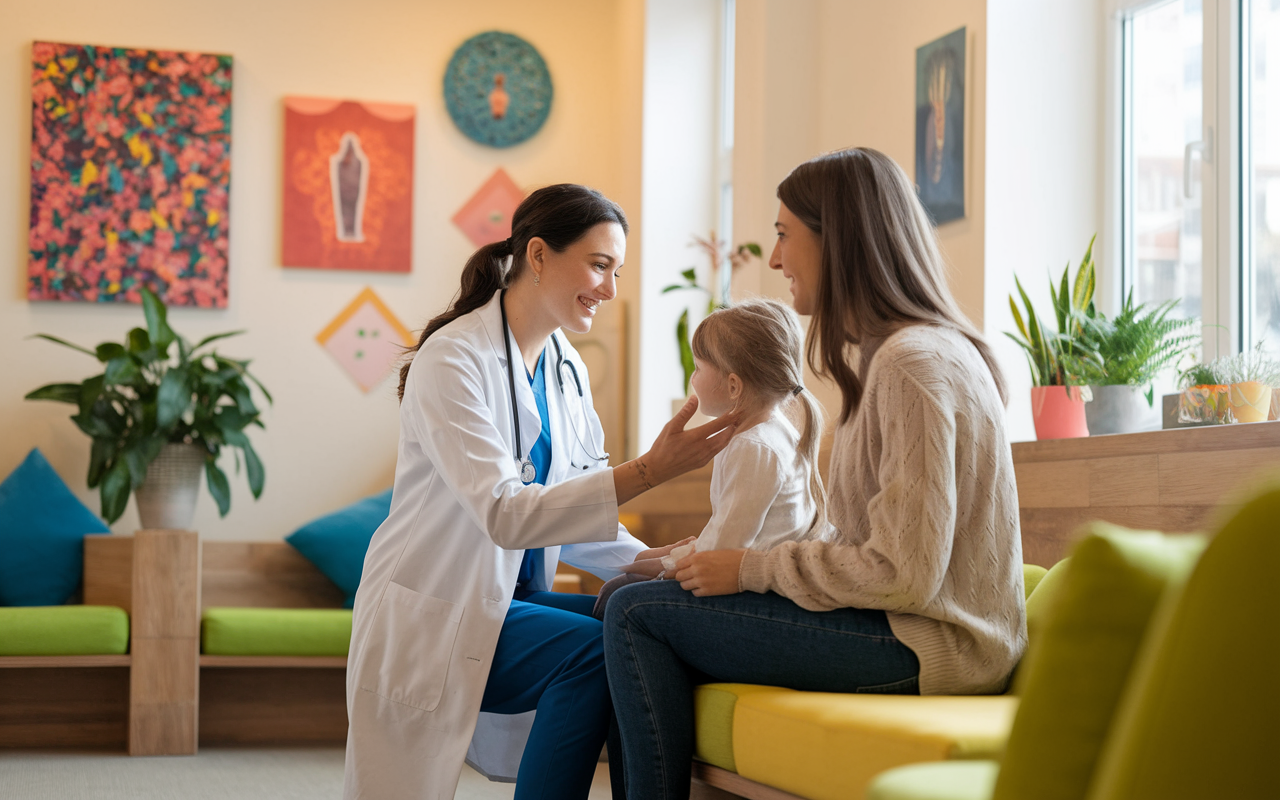 A warm, inviting outpatient clinic with a friendly physician interacting with a child and their parent. The decor includes colorful artwork and plants, with a bright window letting in natural light. The atmosphere is calm, emphasizing long-term patient relationships, and promoting a sense of community in healthcare.