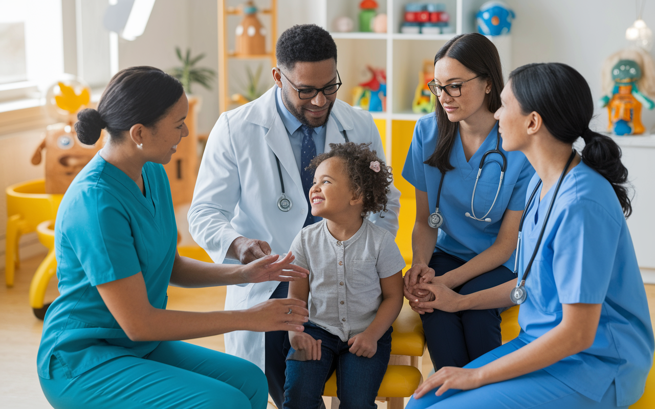 A pediatric healthcare team engaging in a collaborative discussion around a child's health. The team includes a doctor, nurse, and social worker in a well-lit consultation room, with medical charts and toys in the background. The warm environment highlights teamwork and support, promoting a holistic approach to patient care.