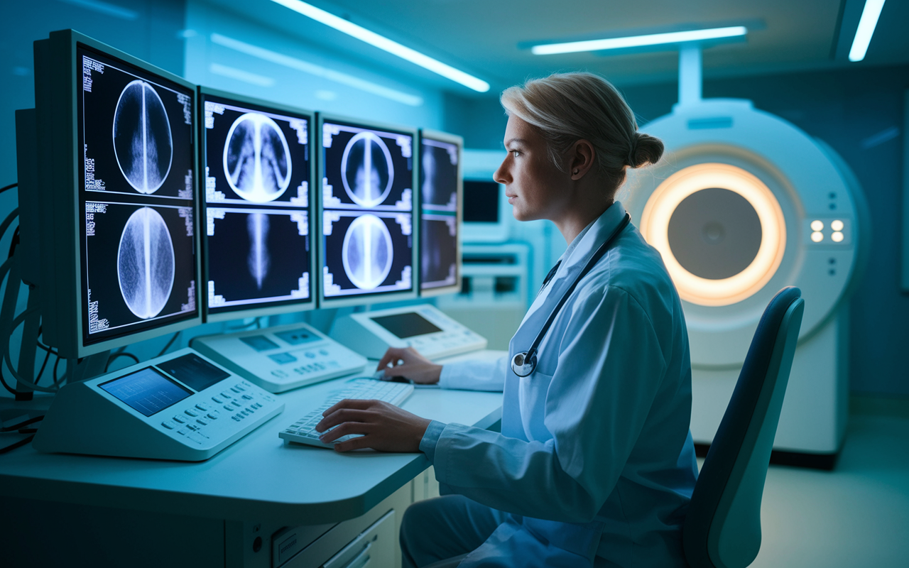 A focused radiologist in a modern imaging room, reviewing scans on multiple screens. The room is illuminated by soft, ambient lighting, and high-tech equipment surrounds the radiologist, creating a serene and efficient work environment. This image conveys the quieter, more structured setting typical in radiology, emphasizing a balance between work and personal life.