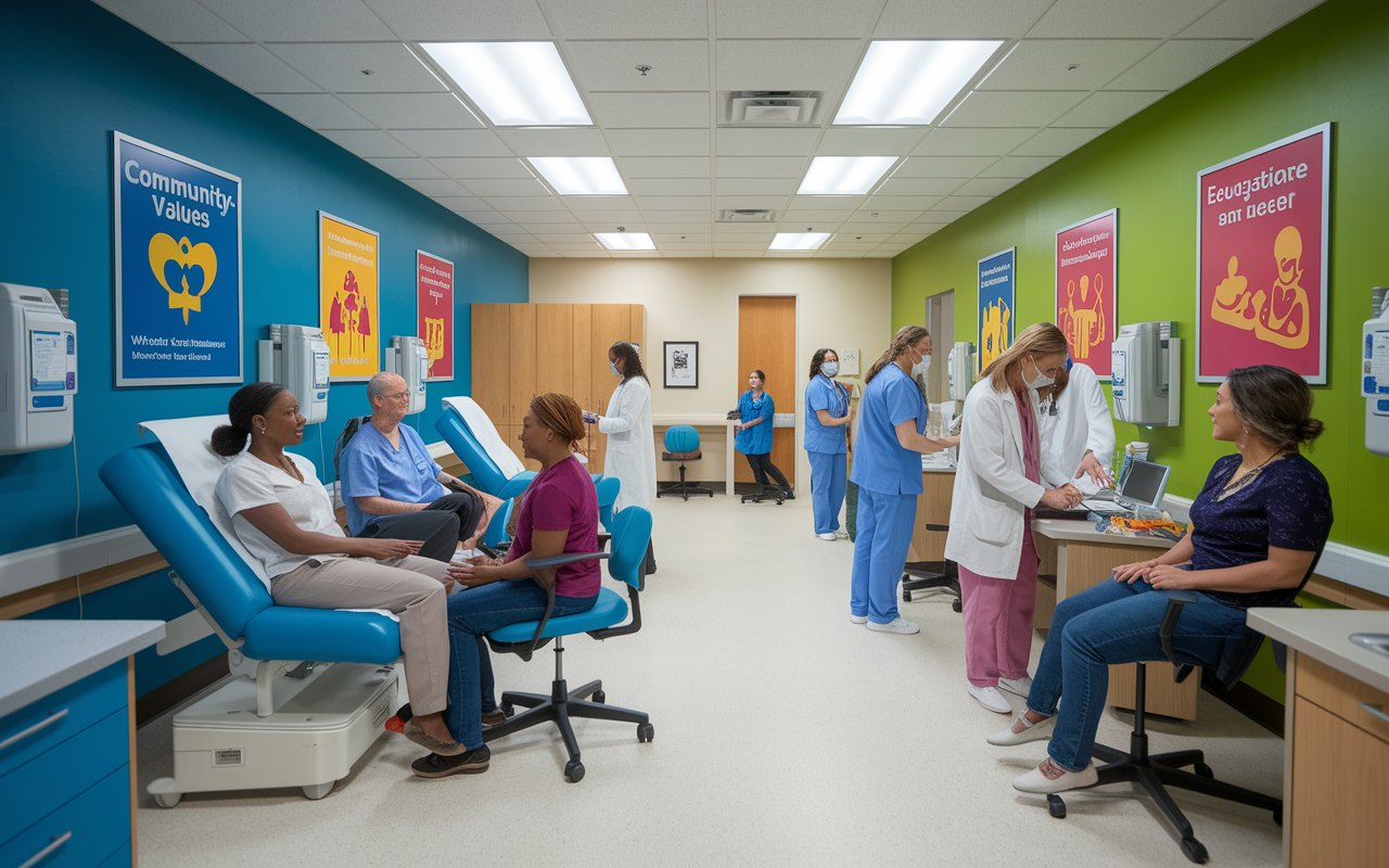 A vibrant community health clinic filled with diverse patients and healthcare workers engaged in care. The physician is attentive to a patient in a bright examination room, with educational posters on the walls promoting wellness and preventive care. This lively setting reflects a commitment to community-oriented values in medicine.