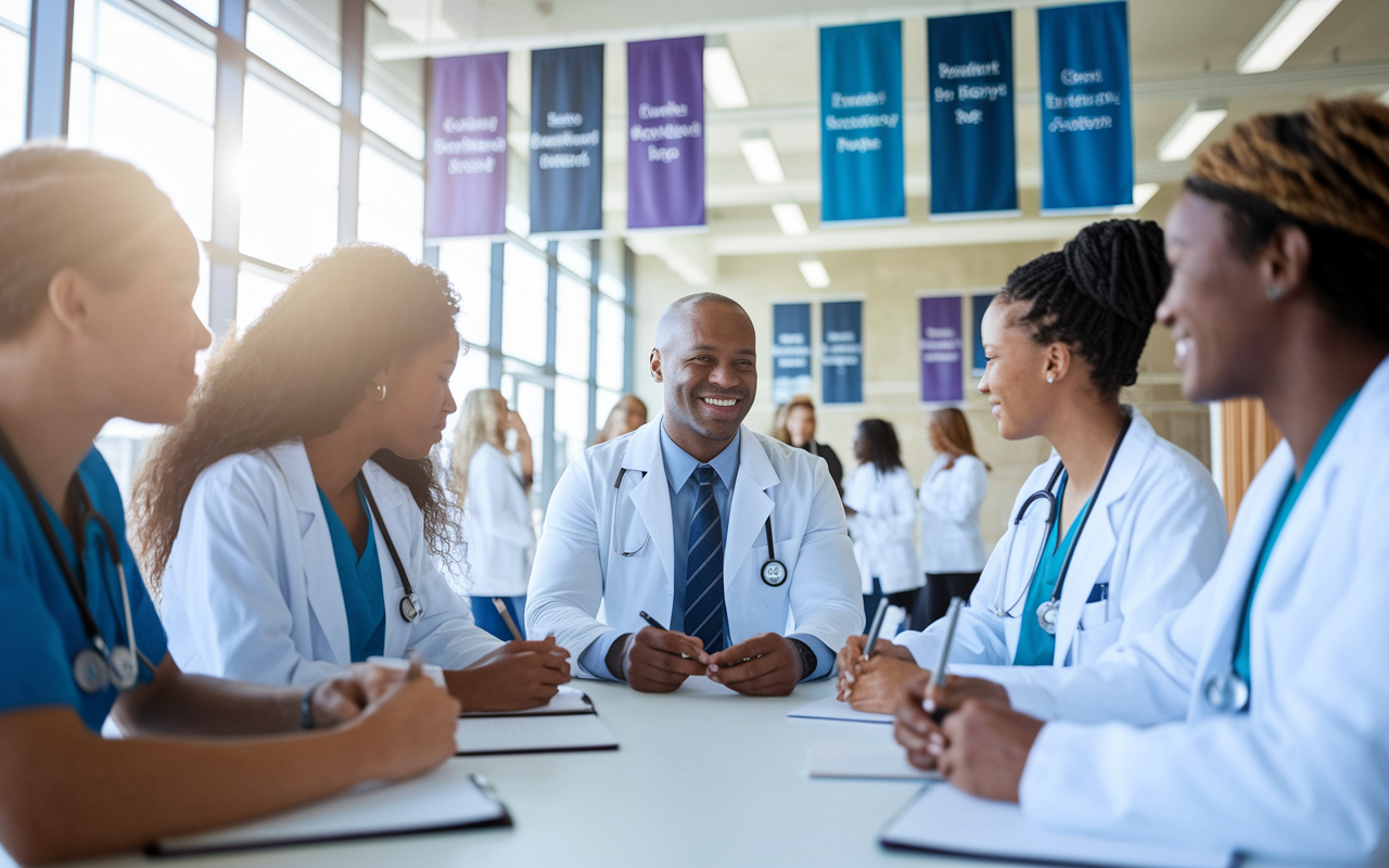 A diverse group of medical students engaged in a discussion with a mentor in a bright, open space filled with career resources. The mentor is smiling, sharing experiences about different specialties while the students take notes eagerly. The room is filled with banners of various specialties, creating an atmosphere of encouragement and exploration. Sunlight cascades through large windows, symbolizing hope and new beginnings in their medical journey.