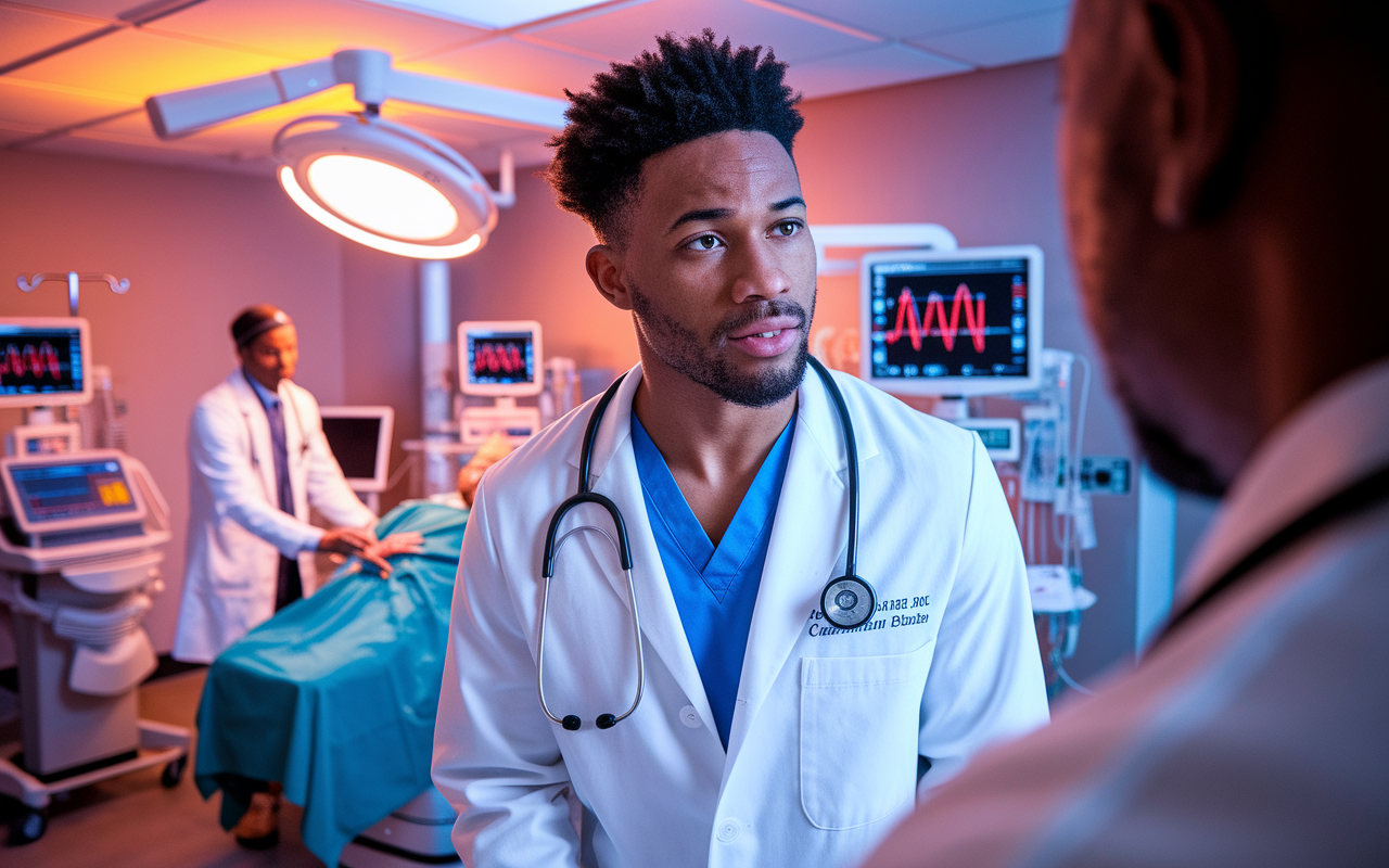 A focused medical resident, in a white coat, exploring a cardiology unit filled with advanced medical equipment. The environment is vibrant, with a patient being examined while a mentor points out crucial aspects of the diagnostic process. The lighting is warm, symbolizing growth and discovery within a hospital context. The resident's expression reflects curiosity and engagement, highlighting the journey of finding one's specialty.