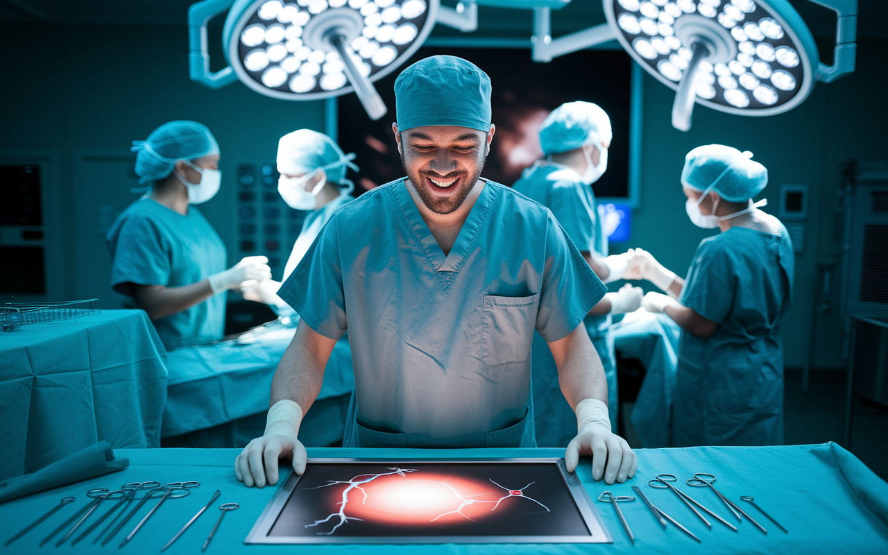 An enthusiastic surgical resident in scrubs, standing in an operating room with bright, sterile lighting. The resident is focused on a display showing minimally invasive surgical techniques while surrounded by advanced medical instruments. The scene conveys a sense of excitement and dedication, with a backdrop of a surgical team collaborating effectively, emphasizing teamwork and innovation in the medical field.