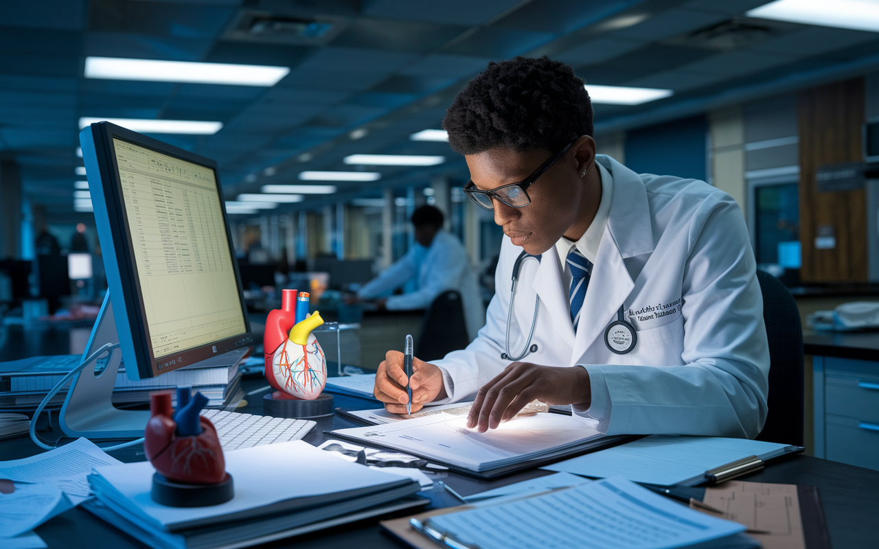 A medical resident engrossed in cardiology research in a well-equipped lab filled with medical journals and data charts. They are analyzing results on a computer, surrounded by papers and cardiac models. The lighting is bright and focused, showcasing the dedication to scholarly growth and the pursuit of passion within the medical field, with elements that highlight the intersection of research and clinical application.