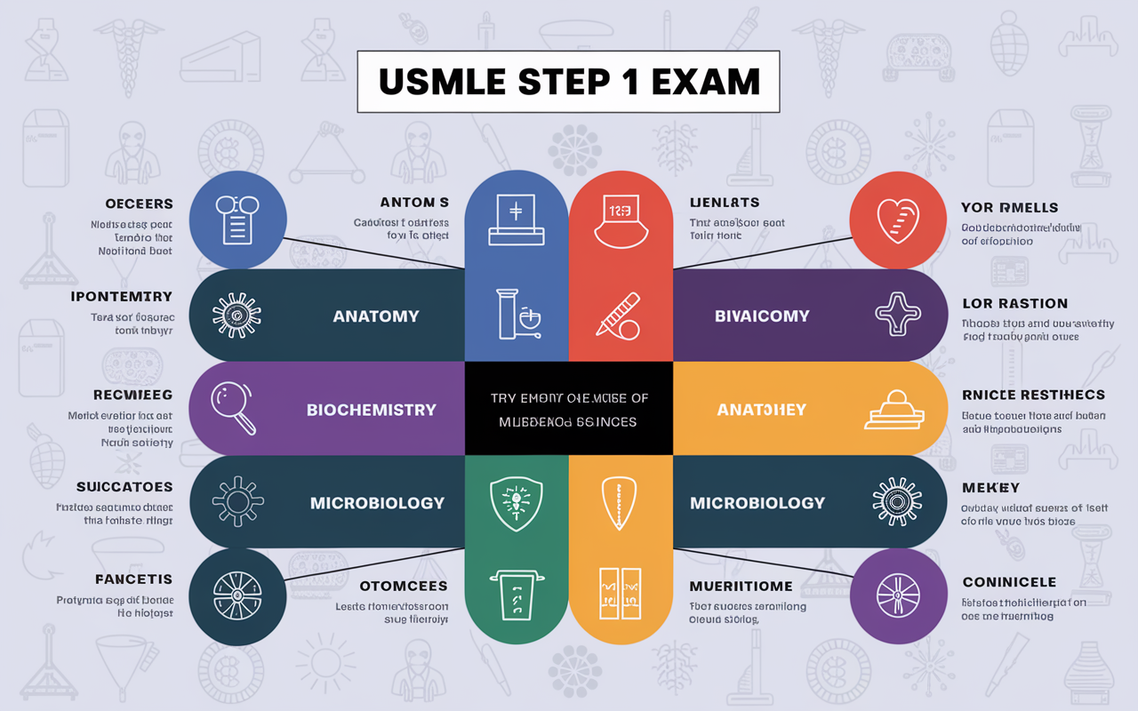 An infographic-style layout highlighting the structure of the USMLE Step 1 exam, featuring a diagram with breakdowns of subjects such as Anatomy, Biochemistry, Microbiology, and others, neatly organized. Each section is bold and distinctive, with icons representing different medical sciences. The graphic has a clean, educational aesthetic, using bright colors for clarity, and is set against a subtle academic-themed background.