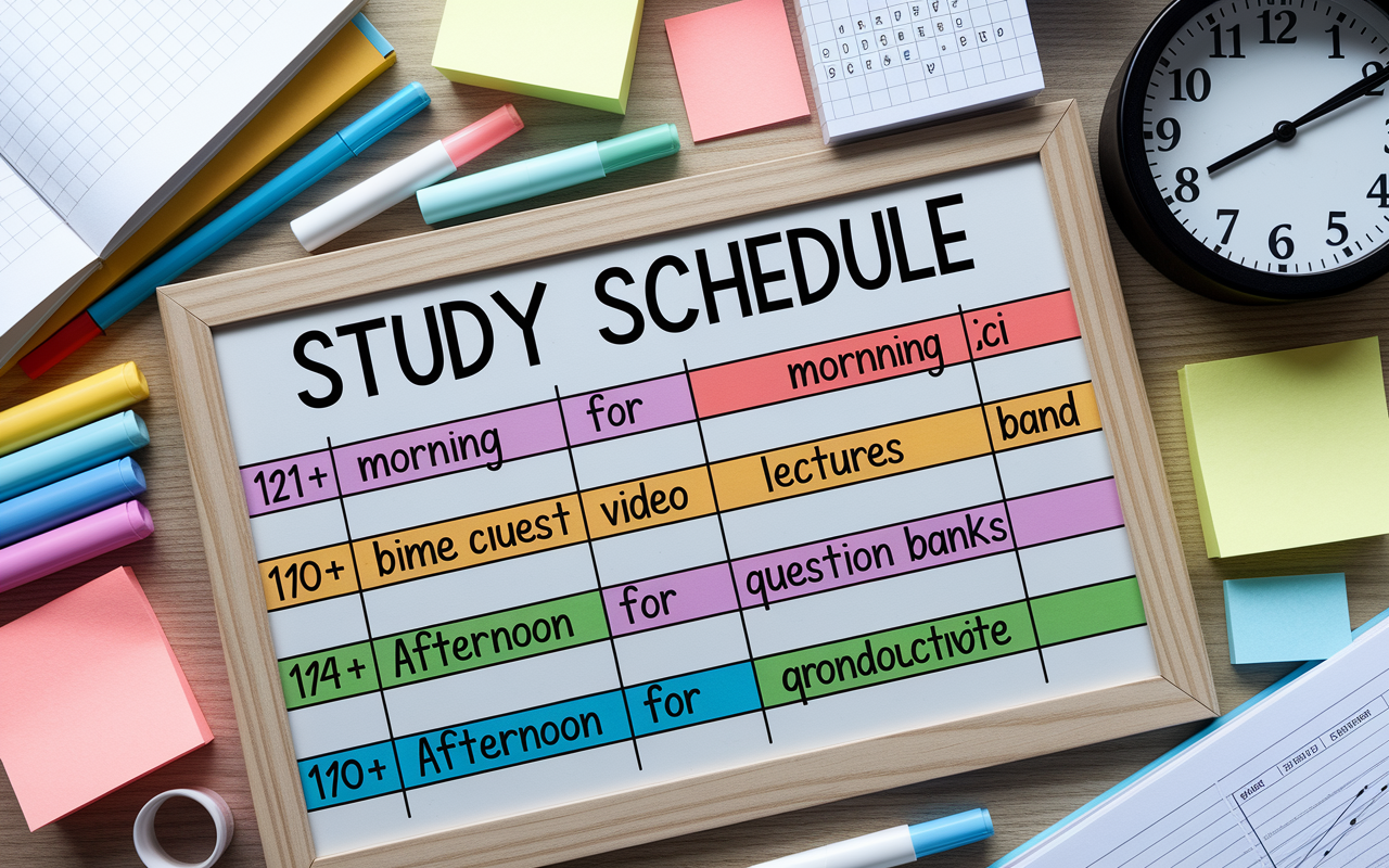 A detailed study schedule highlighted on a whiteboard with colorful markers, listing time blocks for different subjects like morning for video lectures and afternoon for question banks. The atmosphere is one of productivity, with diagrams and sticky notes around showing key concepts, alongside a clock indicating the flow of time spent on each section. The scene conveys an organized and proactive approach to studying.