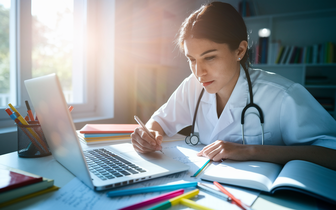 A medical student deeply focused on answering practice questions from a laptop at a study desk, surrounded by notes, textbooks, and colorful pens. The setting is bright, with natural sunlight streaming through a window, casting a vibrant atmosphere. The student's expression is one of determination, showing the importance of engagement and active learning while some practice questions are visible on the screen.