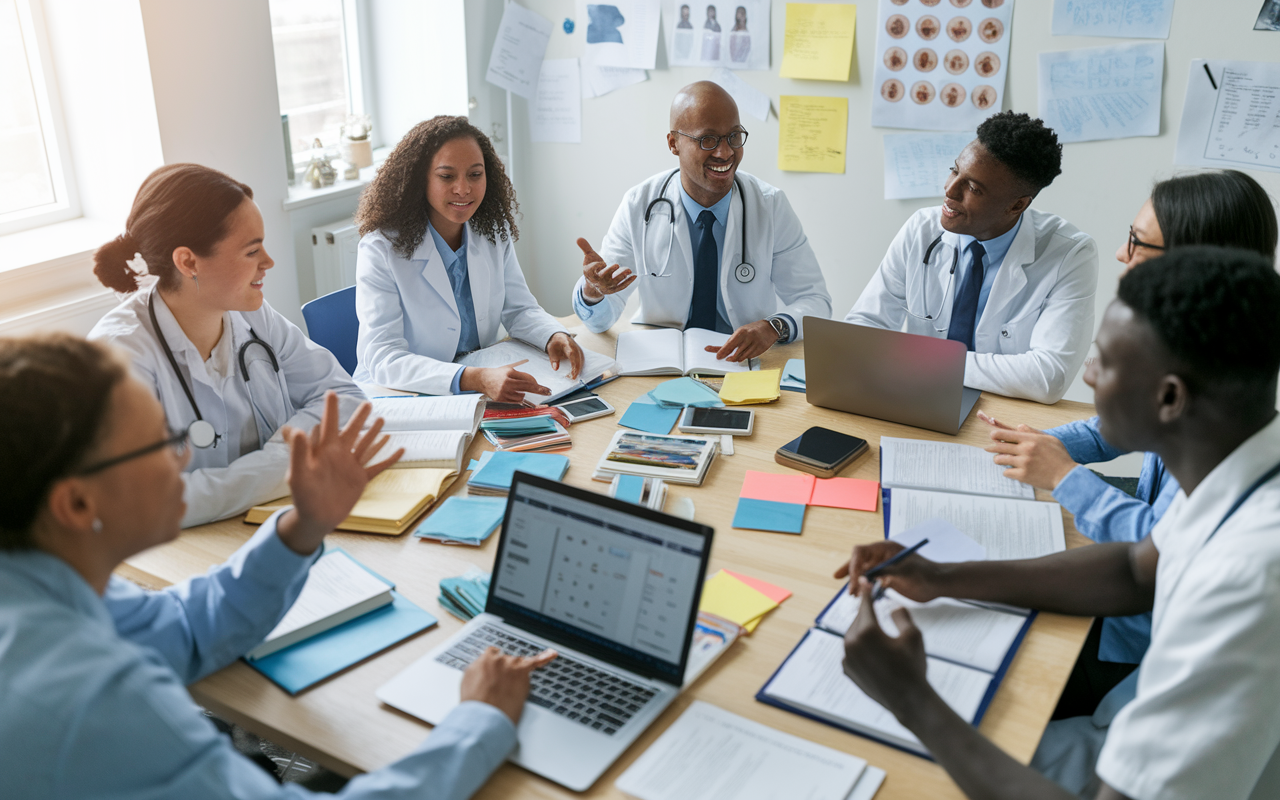 A diverse group of medical students engaged in a lively study session around a large table cluttered with textbooks, laptops, and medical flashcards. The room is bright and stimulating, with notes and diagrams posted on walls. Their expressions are animated as they explain concepts to each other, showcasing collaboration, motivation, and the importance of peer support in learning.