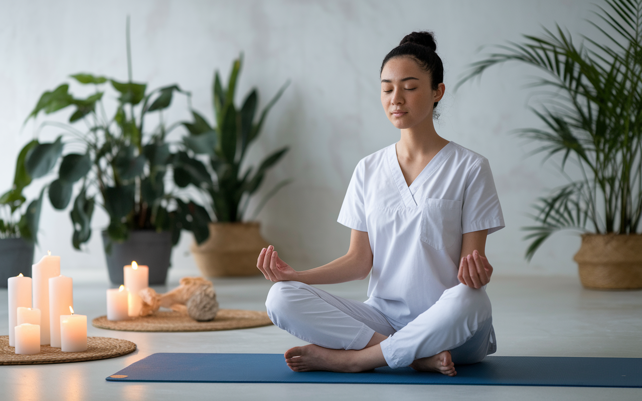 A serene scene of a medical student practicing yoga in a peaceful indoor space, using a yoga mat surrounded by calming plants and softly lit candles. The student appears relaxed and focused, embodying the relaxation techniques essential for maintaining mental health during intense study sessions.