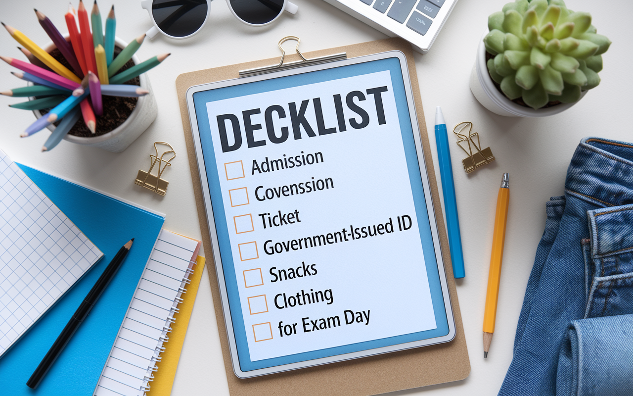 An organized checklist displayed on a digital device or paper, including items like admission ticket, government-issued ID, snacks, and comfortable clothing for exam day. The atmosphere is organized and calm, set against a backdrop of stationery, emphasizing the importance of preparation on test day.