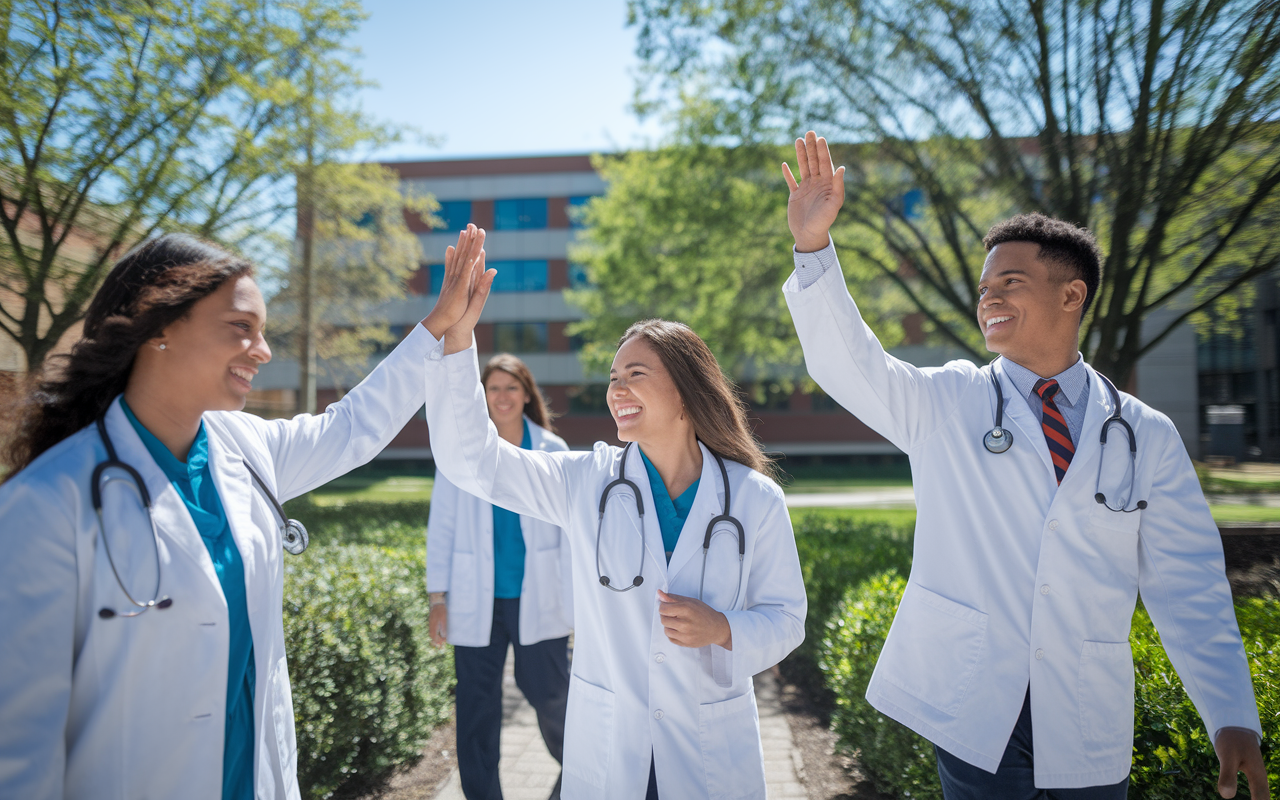 A celebratory scene of medical students outdoors after completing their exam, smiling and high-fiving each other in a moment of relief and achievement. The background features a college campus with vibrant greenery and clear blue skies, radiating positivity and success at the culmination of rigorous preparation.