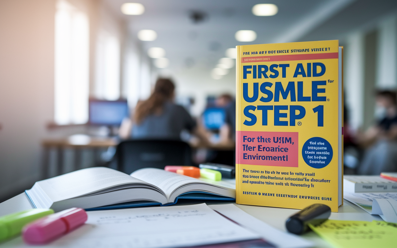 A close-up shot of the cover of the book 'First Aid for the USMLE Step 1', displayed prominently in a well-lit study environment. The book is opened on a desk with notes and highlighters scattered around, showcasing its importance in medical education. The background is slightly blurred to emphasize the book's cover, which features vibrant colors and bold typography indicating its relevance to medical students.