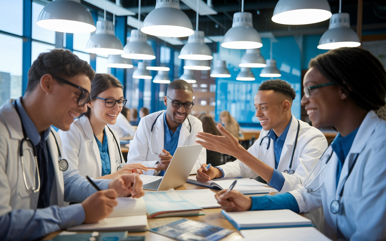 A lively study group session with several medical students engaged in discussion, surrounded by textbooks, laptops, and study materials. They are sharing insights and quiz questions, creating an atmosphere of collaboration and diverse perspectives under bright study lamps.