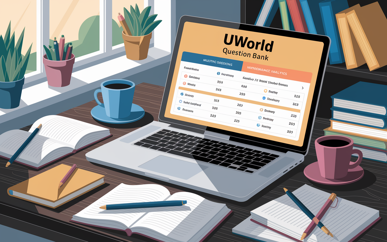 A digital illustration of the UWorld question bank interface shown on a laptop screen, displaying multiple-choice questions with statistics and performance analytics. The laptop is placed on a wooden study desk cluttered with coffee cups, notes, and other study materials. The room is illuminated by natural light streaming through a window, creating an encouraging and productive studying atmosphere.