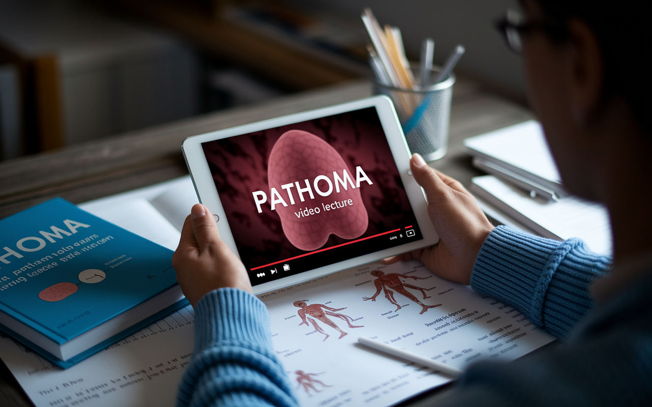 A student watching a Pathoma video lecture on a tablet, with a Pathoma textbook and annotations in front of them. The room is dimly lit, highlighting the glow of the screen while anatomical illustrations from the lecture are visible on the desk. This setup conveys an engaged learning environment, focusing on pathology topics vital for the USMLE Step 1.