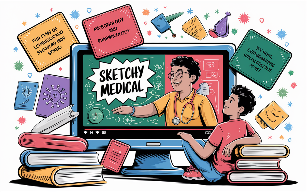 A vibrant sketch depicting a student enjoying a 'Sketchy Medical' video on a large screen, surrounded by colorful flashcards and creative diagrams. The scene is playful and lively, filled with energetic visuals that showcase the fun of learning microbiology and pharmacology through storytelling, emphasizing an engaging learning atmosphere.