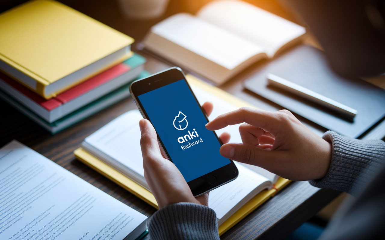 A close-up of a smartphone displaying the Anki flashcard app interface, while a student interacts with it, swiping through flashcards. The setting shows a study nook filled with textbooks, notes, and study materials under warm lighting, symbolizing an efficient study session focused on spaced repetition and memorization.