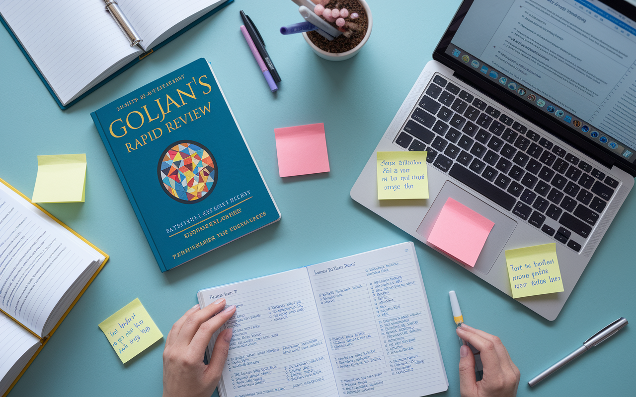 An organized study table featuring Goljan’s Rapid Review Pathology book opened to a specific chapter, alongside a laptop showing lecture notes. The table surface is cluttered with sticky notes and pens, symbolizing an intensive study session on pathology concepts relevant for the USMLE.