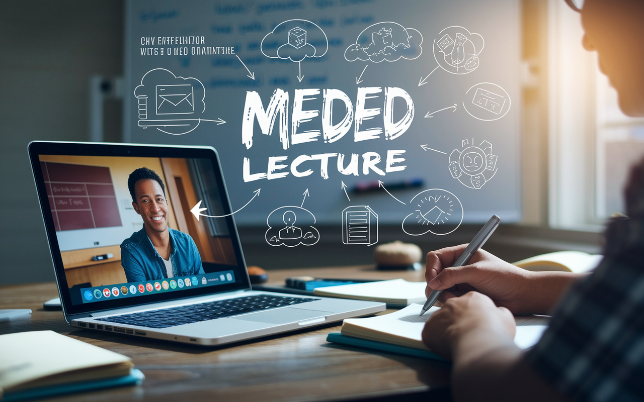 A dynamic image of a laptop streaming an Online MedEd lecture, with a student taking notes eagerly. The background features a whiteboard filled with key concepts and diagrams, illuminated by bright natural light that creates an inviting study scene for comprehensive learning.