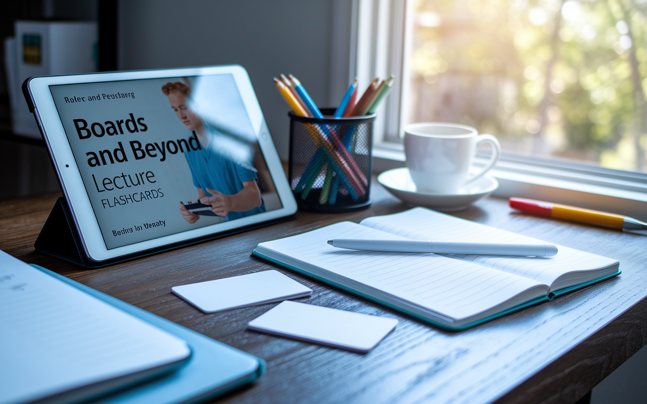 A well-prepared study desk featuring a 'Boards and Beyond' lecture on a tablet alongside flashcards and thematic notes. The scene is brightened with daylight filtering through a nearby window, instilling motivation and focus for comprehensive board exam preparation.