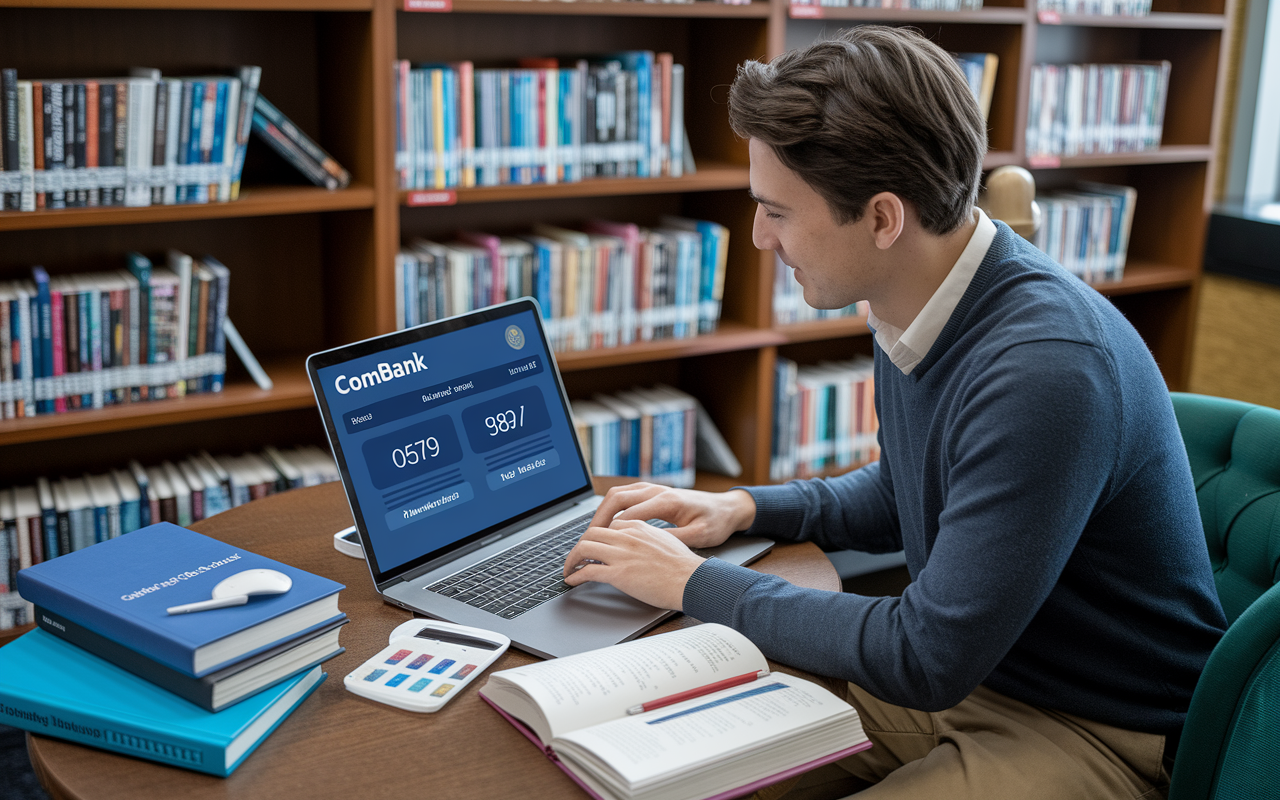 An osteopathic medical student engaging with the COMBANK interface on a laptop, displaying practice questions and scores. The setting is a cozy corner of the library with books on osteopathic principles and personalized study materials.