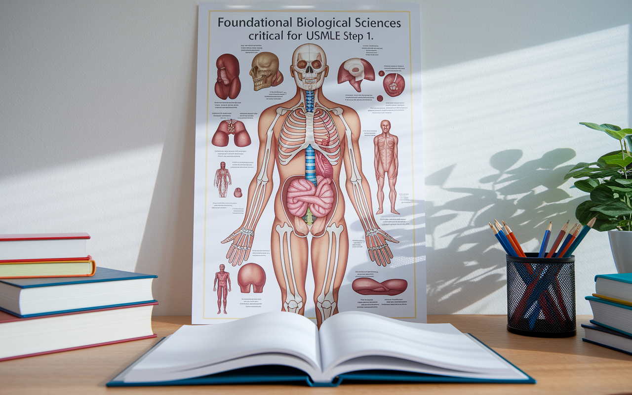 A detailed anatomical chart displayed prominently in a study room, showcasing the human body with labeled organs, systems, and structures. The chart is brightly lit, and the surrounding area features medical books and a study desk, creating an educational ambiance. The wall background has a light color, enhancing focus on the chart. This illustration represents the foundational biological sciences critical for USMLE Step 1.