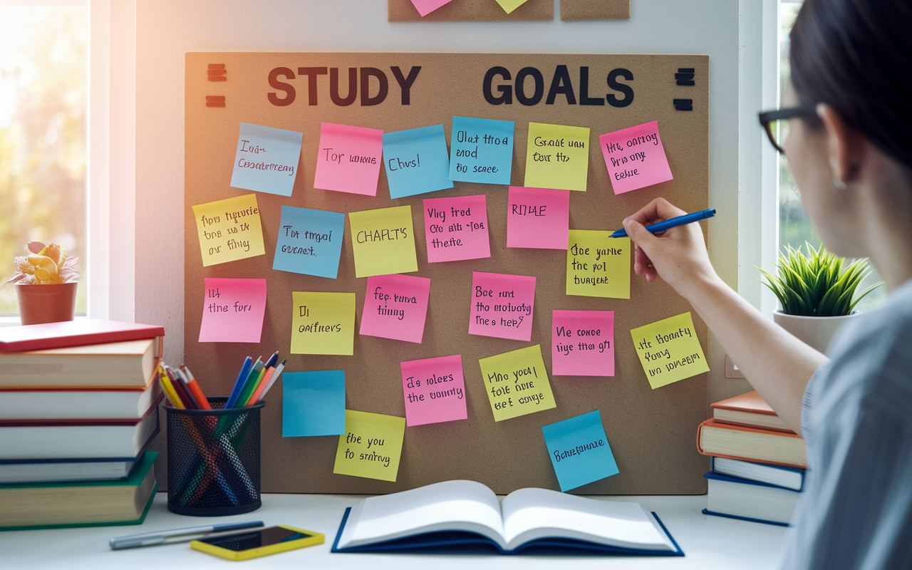 A student creating a visually appealing study goals board, featuring sticky notes in various colors with written targets and reminders. The board is mounted on a wall above a tidy study desk, surrounded by books and stationery. Natural light filters through a window, bringing warmth to the scene. Emphasizing the theme of goal setting to maximize efficiency and motivation in preparing for the USMLE Step 1.