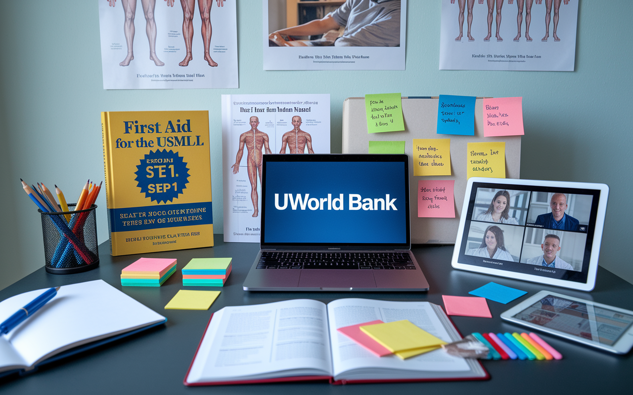 An organized study desk featuring a selection of essential medical study resources, including 'First Aid for the USMLE Step 1,' a laptop displaying the UWorld Question Bank, along with colorful flashcards, sticky notes, and a tablet showing educational videos. The room is well-lit, and posters with anatomical diagrams or medical illustrations adorn the walls. This image captures the essence of being equipped with the right materials for effective study preparation.