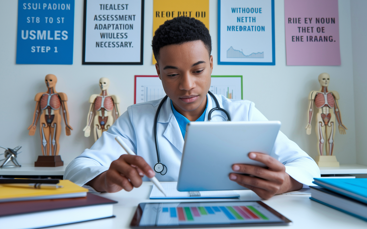 A medical student reviewing their progress on a digital tablet, with colorful charts and graphs displaying study performance. The student has a focused expression, sitting in a well-organized study space adorned with motivational quotes and anatomical models. The scene conveys the importance of assessment and adaptation in the preparation journey for USMLE Step 1.