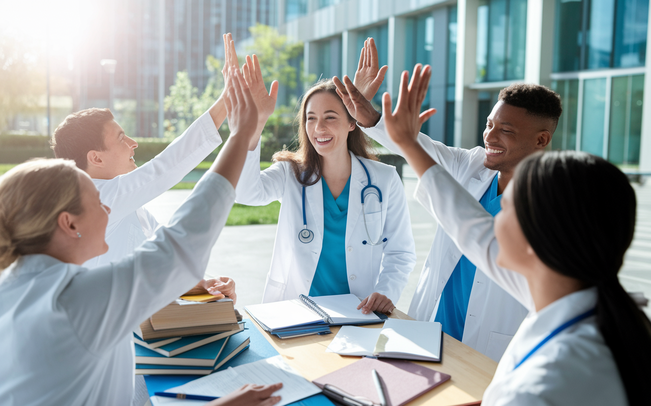 A joyful medical student celebrates after completing their USMLE Step 1 exam, surrounded by fellow students in a bright, cheerful university setting. They are smiling, high-fiving each other, with their study materials, books, and notes nearby. Sunlight bathes the scene, symbolizing success and triumph. The environment is lively, showcasing the shared journey of medical students pursuing their dreams.