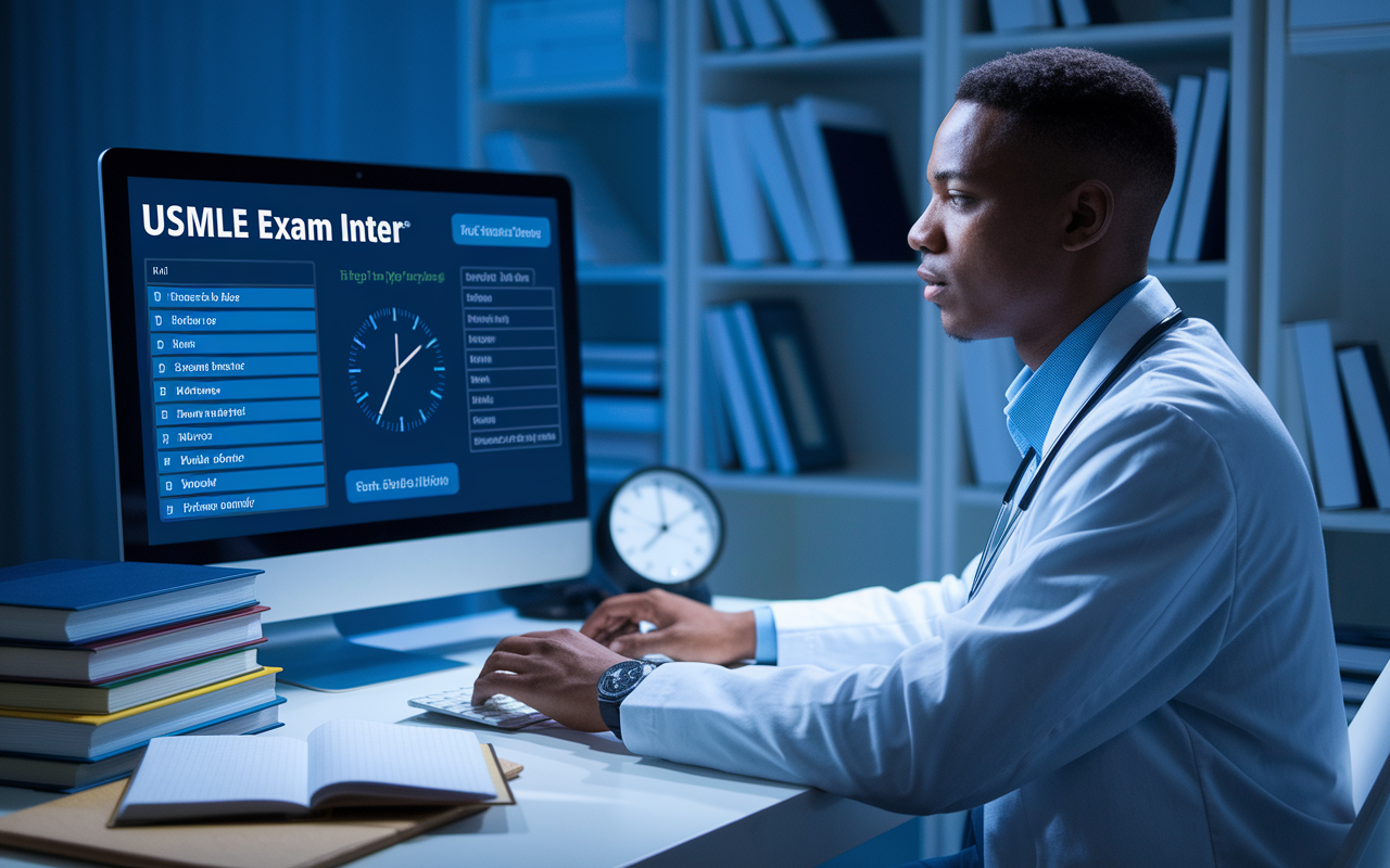 A medical student, an African American male, is seated at a desk with a computer displaying a simulated USMLE exam interface filled with practice questions and a timer. The environment is modern and well-organized, with textbooks and study materials strewn around. A small clock shows time running out, adding a touch of urgency. The lighting is focused, creating a serious mood that highlights the exam preparation process. The student appears concentrated and determined, fully immersed in the exam simulation.