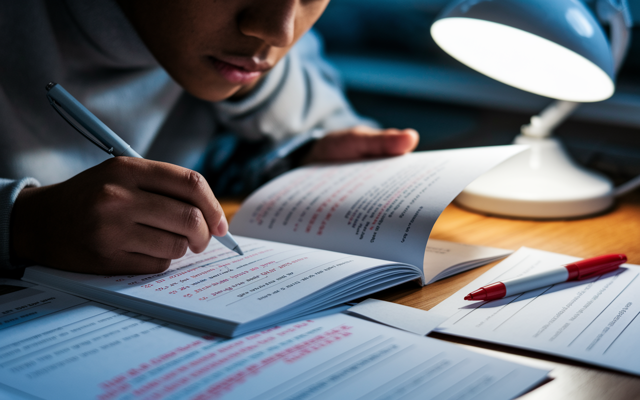 A close-up shot of a student's hands as they review a practice exam booklet, focusing on the explanations of their answers. Papers with highlighted notes and a red pen showing corrections are scattered around. An analytical expression is featured on the student's face as they absorb the information. The ambiance is studious, with a desk lamp illuminating the workspace, emphasizing the importance of learning from mistakes.