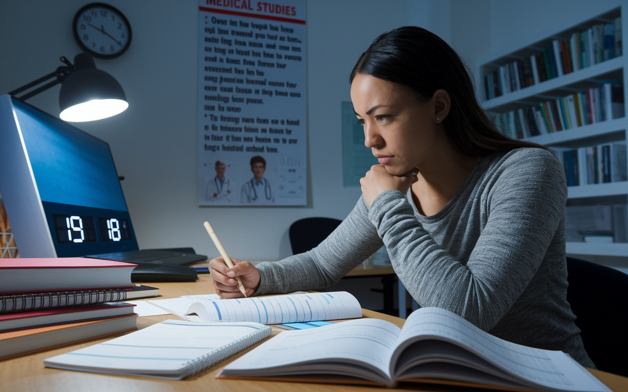 A tense yet focused scene depicting a student in a well-lit study room, seated at a desk covered in textbooks and notes, taking a full-length practice exam under timed conditions. A digital clock is visible on the wall, counting down time. The room has a motivational poster related to medical studies. The student, a Hispanic woman, is intensely focused on the screen, with a look of determination. The lighting is bright yet soft, creating an atmosphere of concentration.