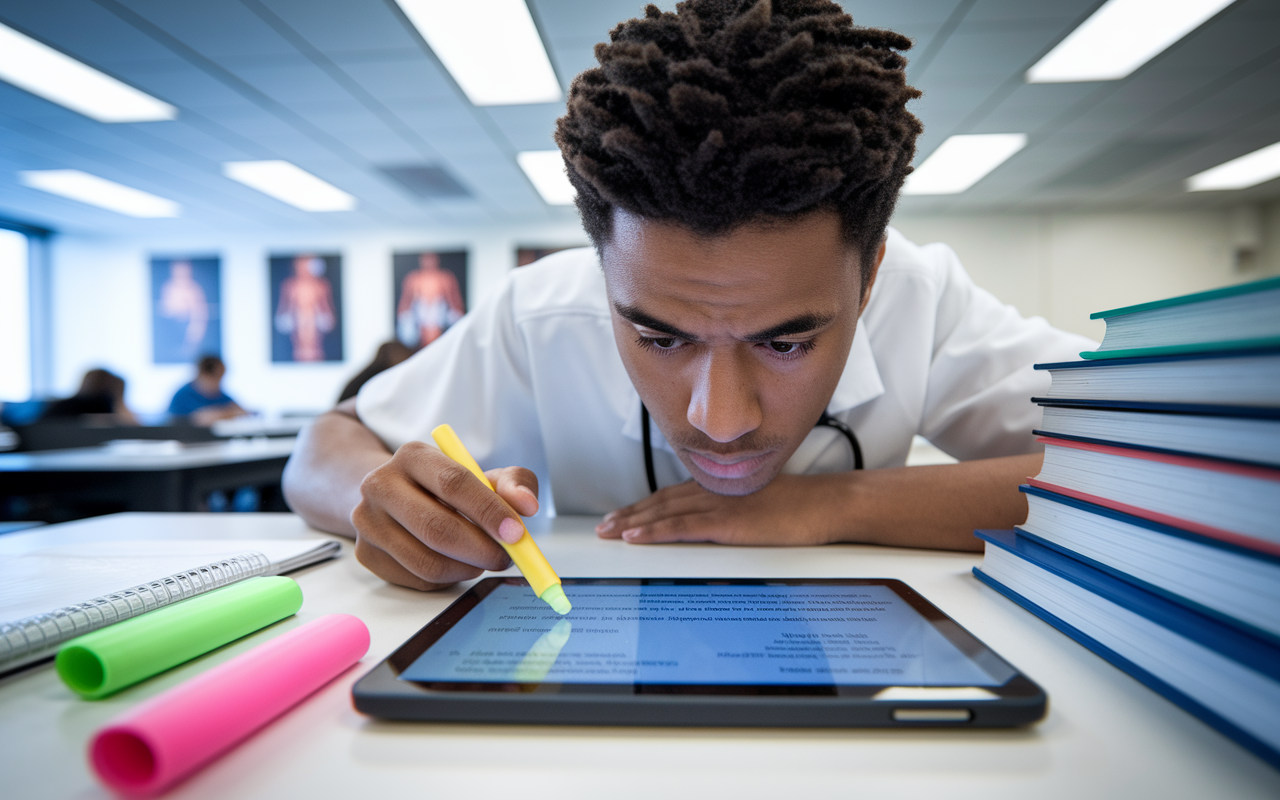 A medical student deeply engaged in answering practice questions on a digital device in a modern classroom. The scene captures a close-up of the screen displaying challenging medical scenarios. The student's brow is furrowed in concentration, surrounded by highlighters and a stack of review books. The room is well lit, with posters of medical illustrations in the background, emphasizing an academic and stimulating environment.